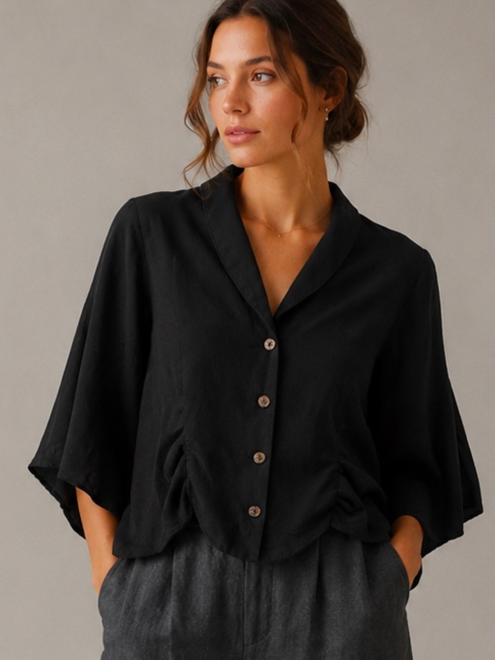 GOODY | Vintage Made in USA Black Short Sleeve Dolman Button-Up Blouse, Size 9